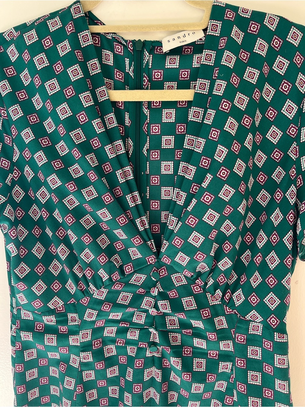 Sandro Paris Teal Geo-Print Twist Front Dress